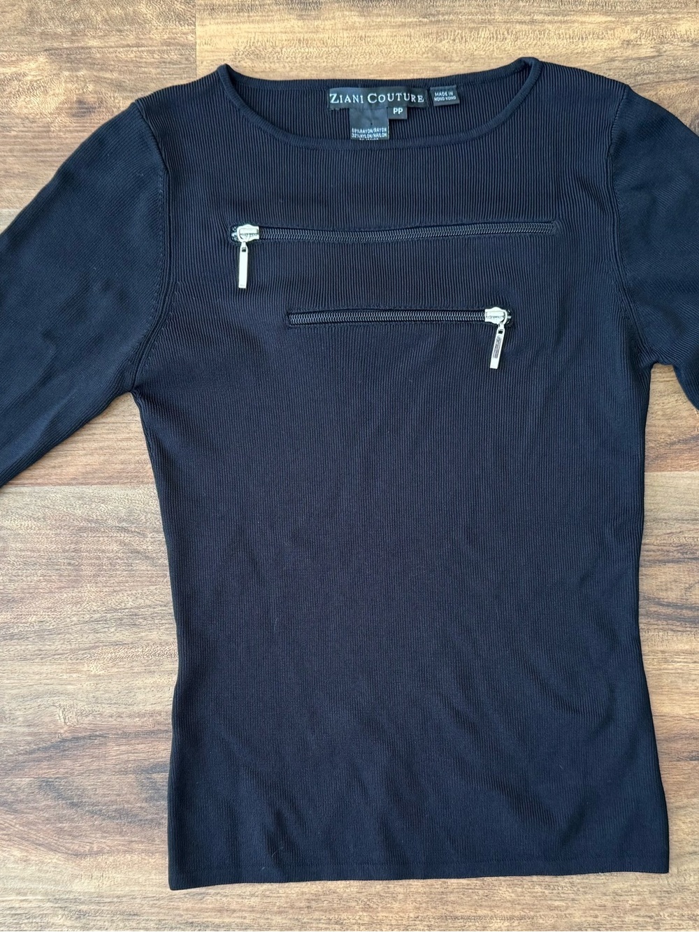 Ziani Couture Black Ribbed Long Sleeve Top with Dual Front Zippers
